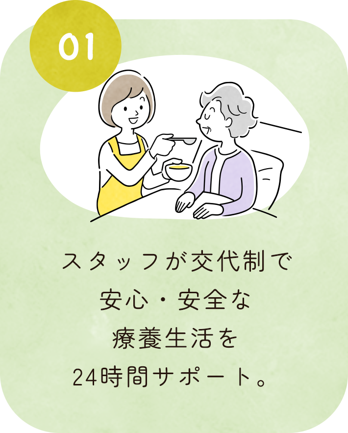 スタッフが交代制で安心・安全な療養生活を24時間サポート。